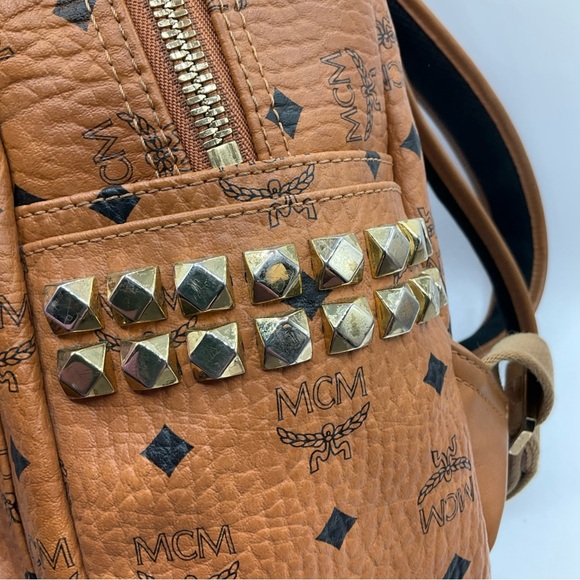 MCM Visetos Brown Cognac Monogram Gold Studded Leather Backpack - Picture 9 of 15